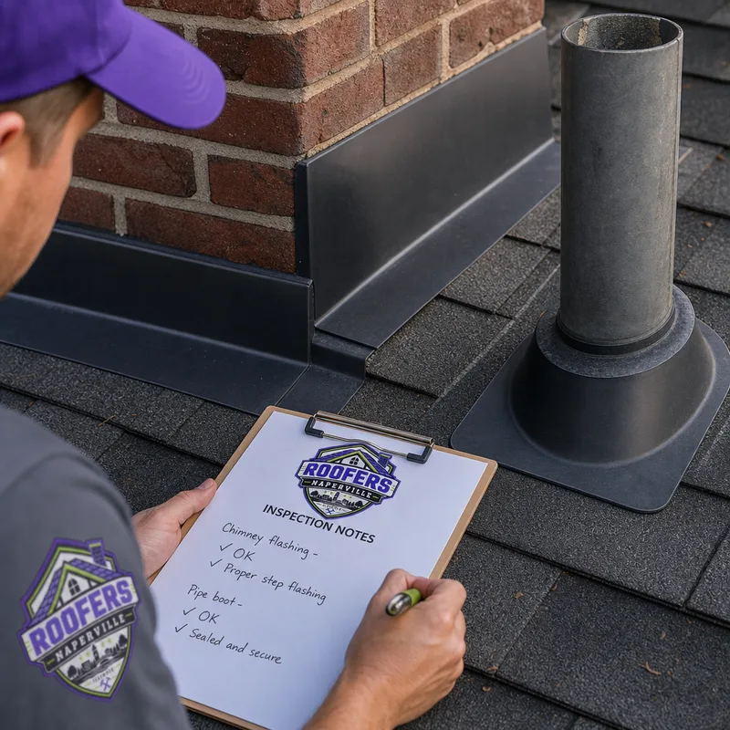 Correct chimney flashing and a properly installed pipe boot on an asphalt shingle roof with inspection notes nearby