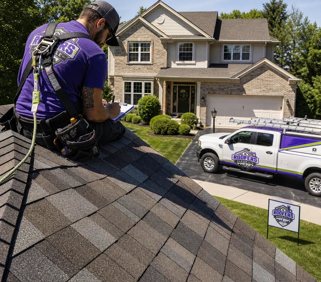 Roofing crew performing an on-roof inspection on a Naperville suburban home with safety gear and a tidy jobsite