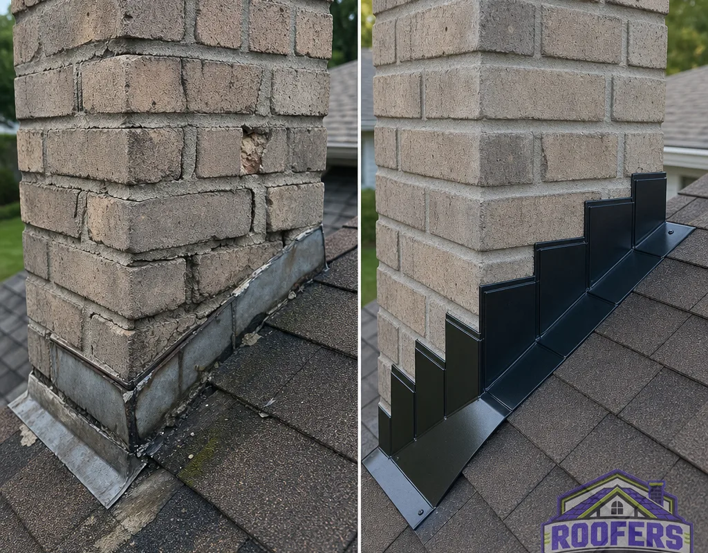 Before and after views of failing chimney flashing rebuilt with new step flashing, counterflashing, and a sealed masonry termination