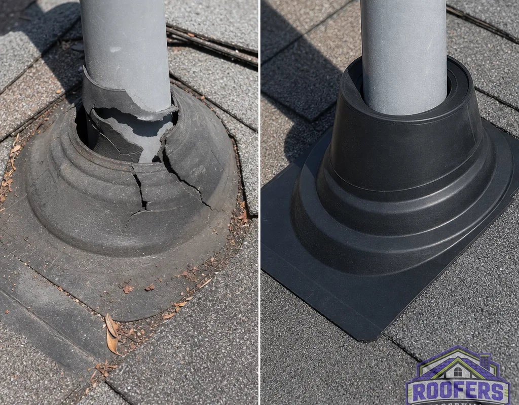 Before and after views of a cracked plumbing vent boot replaced with clean shingle integration