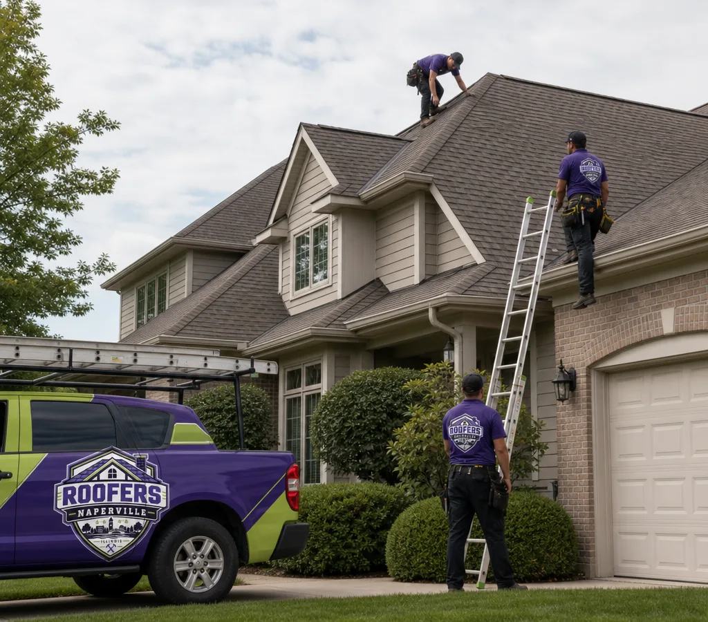 Roofing crew safely inspecting an asphalt shingle roof, roofline, and gutters on a Naperville-area home