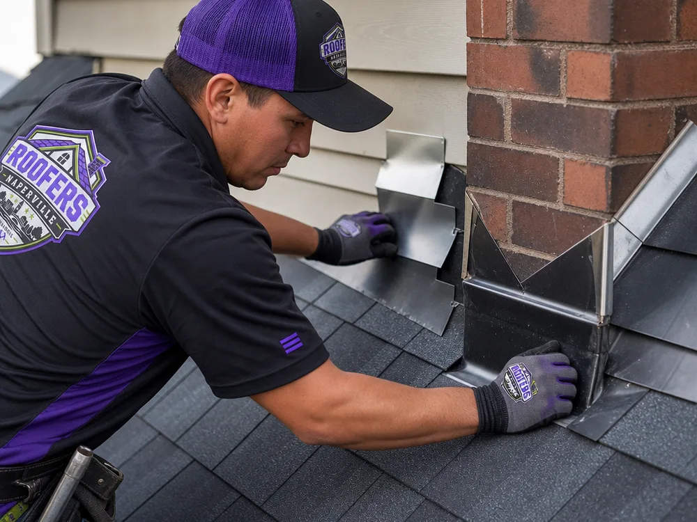 Clean step flashing along a roof sidewall and counterflashing at a chimney with properly sealed transitions
