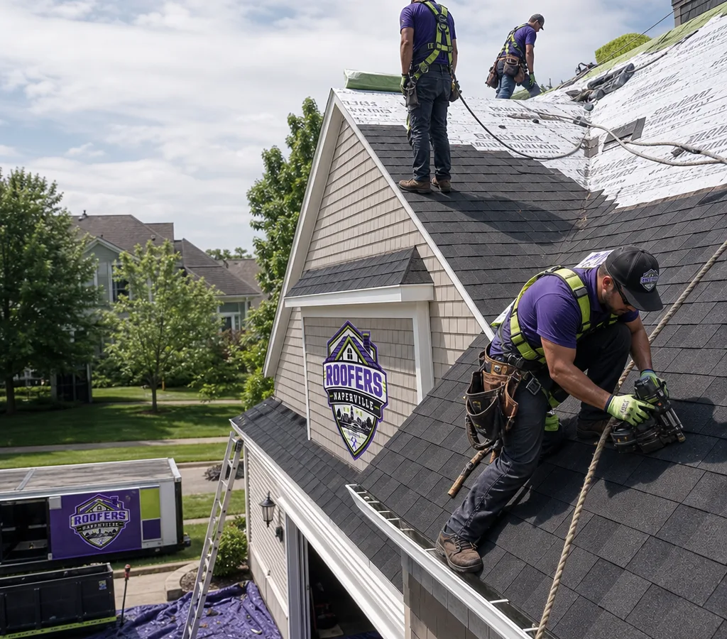 Residential roofing crew working safely with fall protection on a pitched asphalt-shingle roof in a Naperville neighborhood