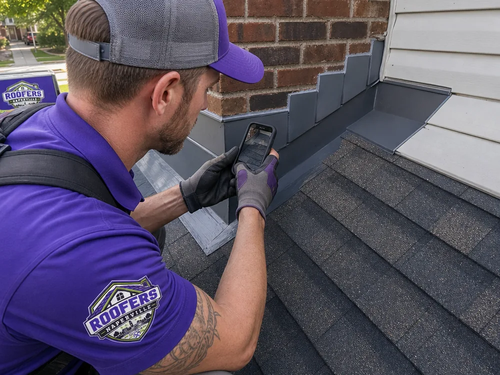 Roofer inspecting and photographing chimney and roof-to-wall step flashing on a Naperville home