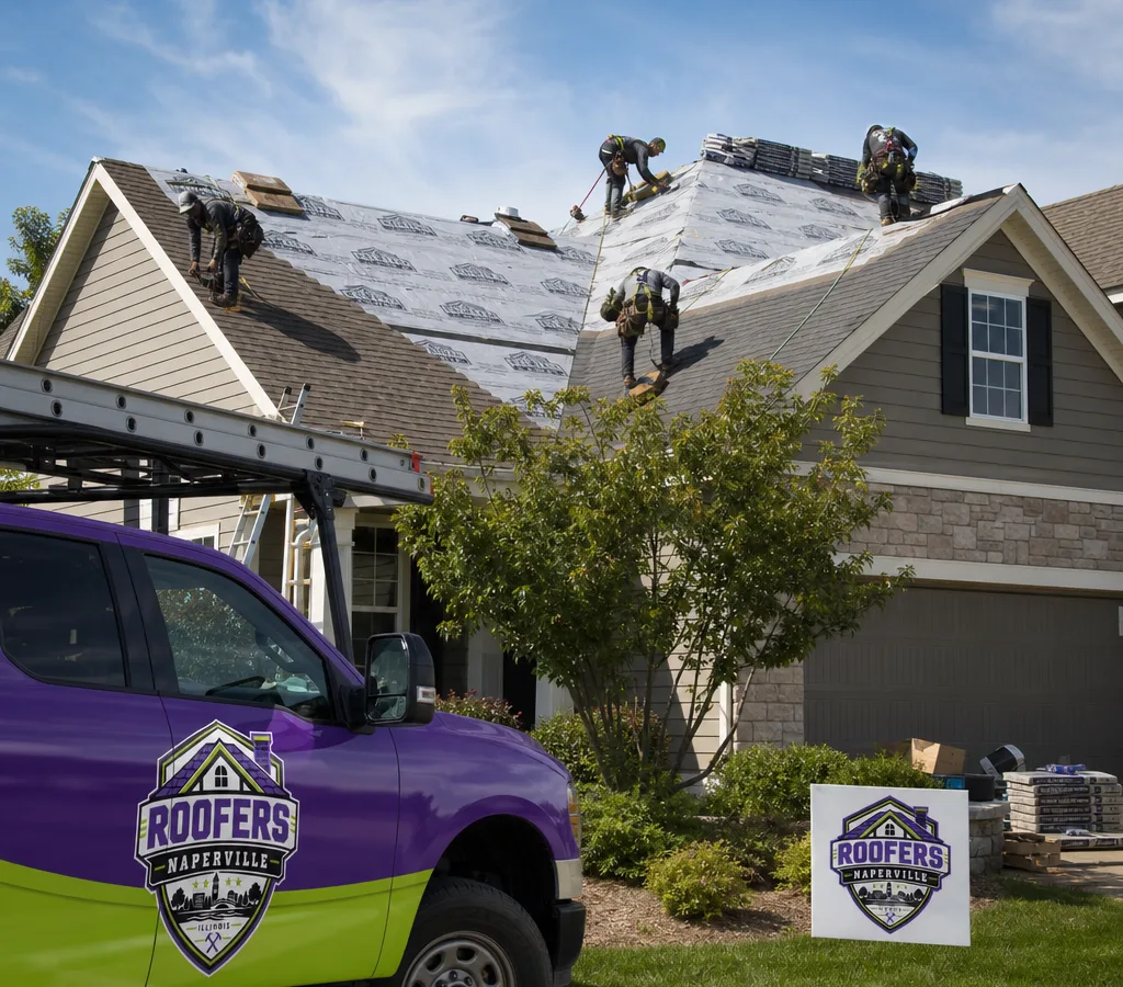 Naperville roofing crew replacing shingles with underlayment visible and safety equipment in use