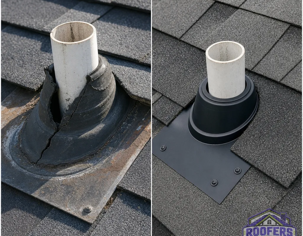 Before and after replacement of a cracked plumbing vent pipe boot properly integrated with surrounding shingles