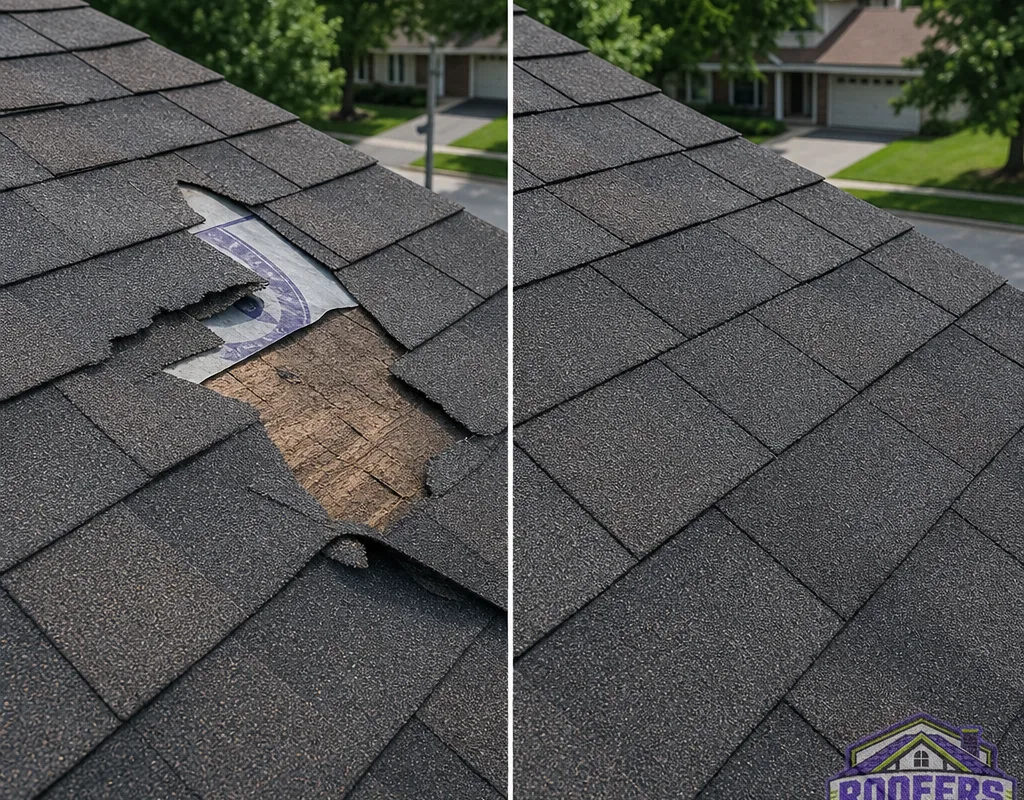 Before and after wind damage repair showing missing and creased shingles replaced with matched shingles and sealed tabs