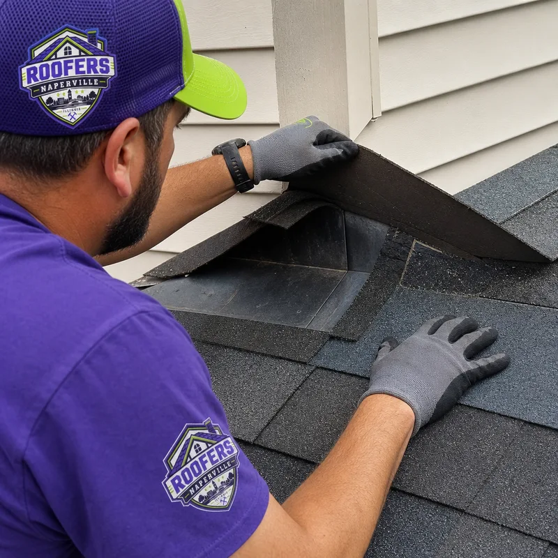 Roofing technician lifting shingles to inspect step flashing and underlayment at a wall intersection