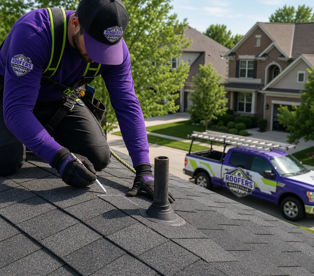 Roofer wearing a safety harness inspecting and marking a repair area near pipe boot flashing on a Naperville asphalt-shingle roof