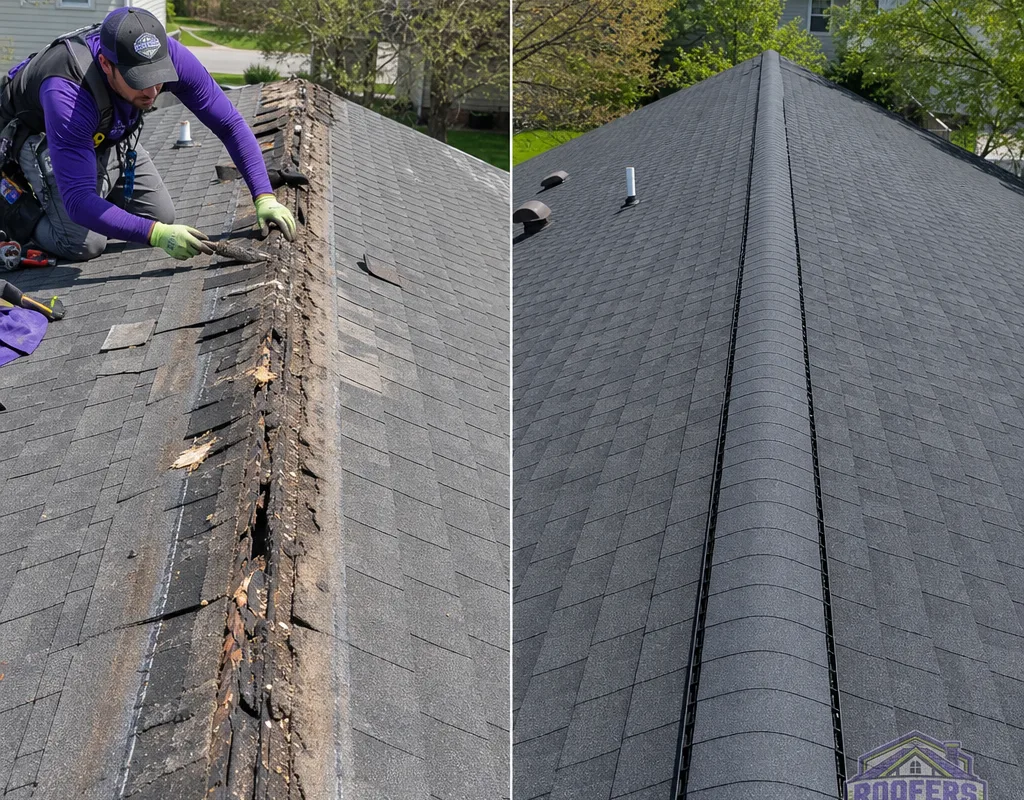 Before and after view of worn shingles and missing ridge caps replaced with a straight, properly sealed ridge line