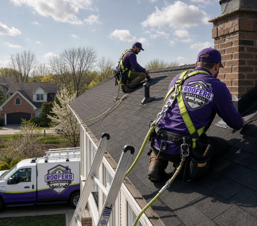 Crew safely inspecting a Naperville residential roof near a chimney and vent penetrations with ladders and fall protection in place