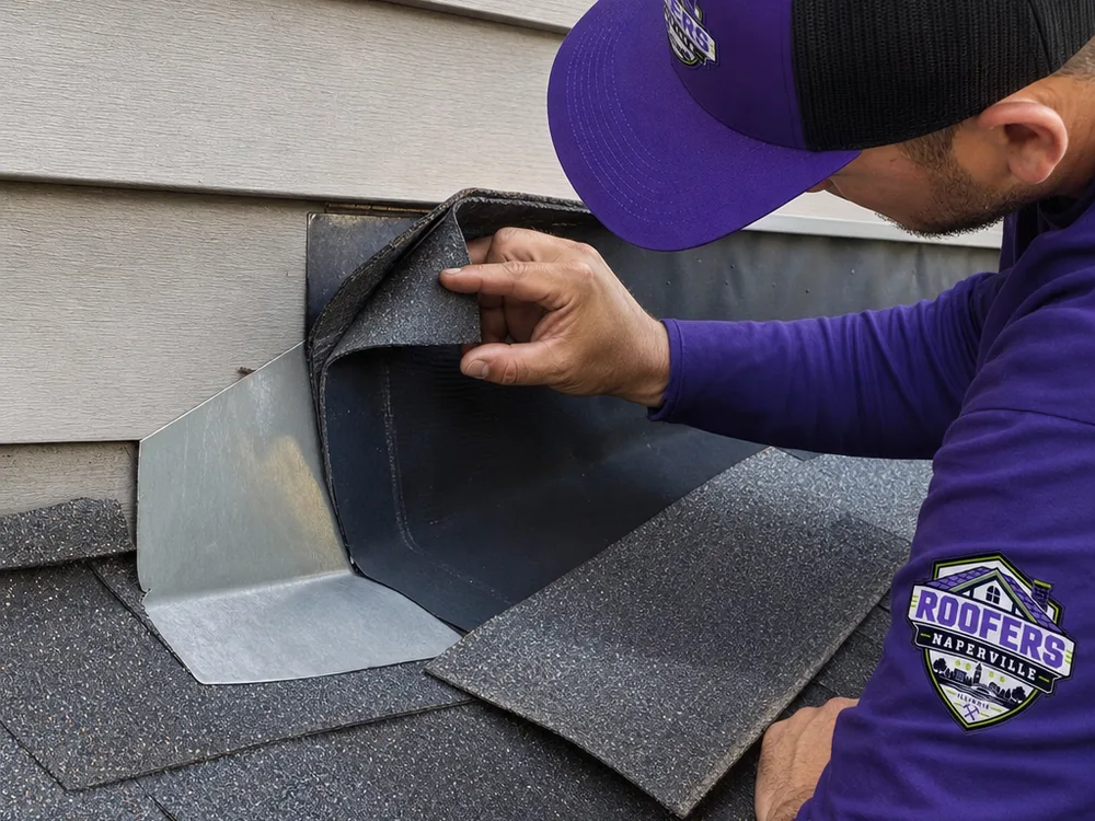 Close-up inspection of properly layered shingles and step flashing at a roof sidewall