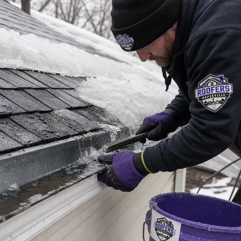Close-up of an ice dam ridge at a roof eave showing shingles, flashing, and the trapped-water path targeted during controlled removal