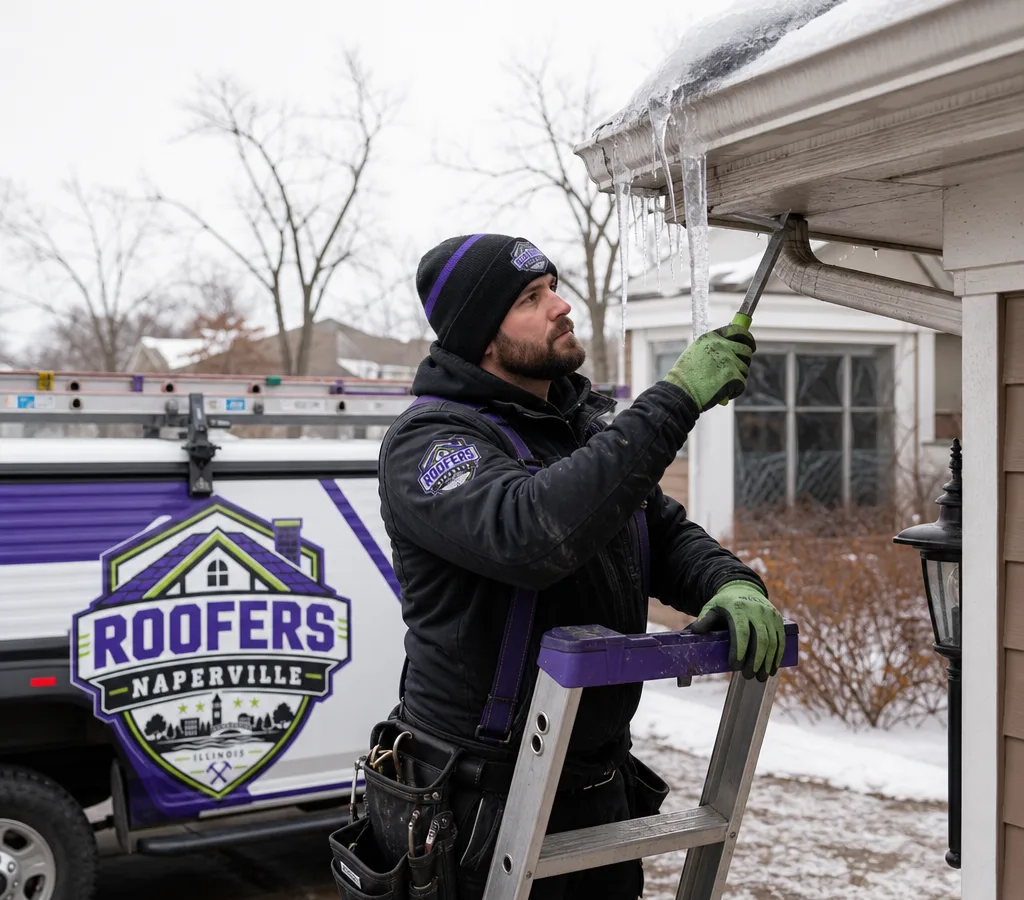 Winter roof edge with ice buildup at the eaves of a Naperville-area home as a roofer prepares safe access and ice-removal tools