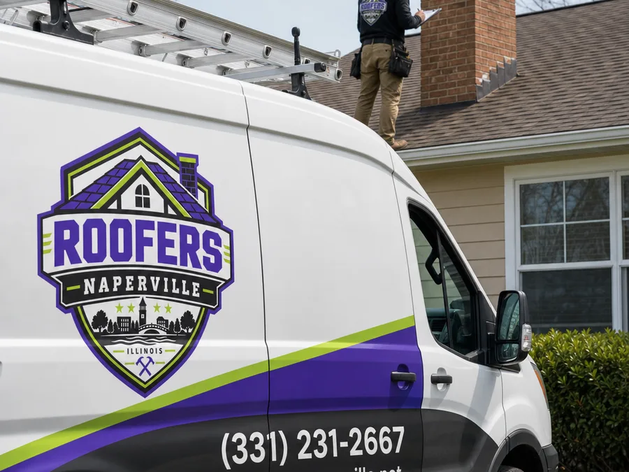 Roofer inspecting flashing and shingles near a chimney on a Naperville home