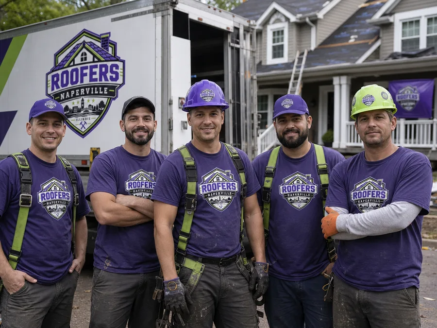 Roofers Naperville crew at a Naperville jobsite in safety gear with a work truck behind them